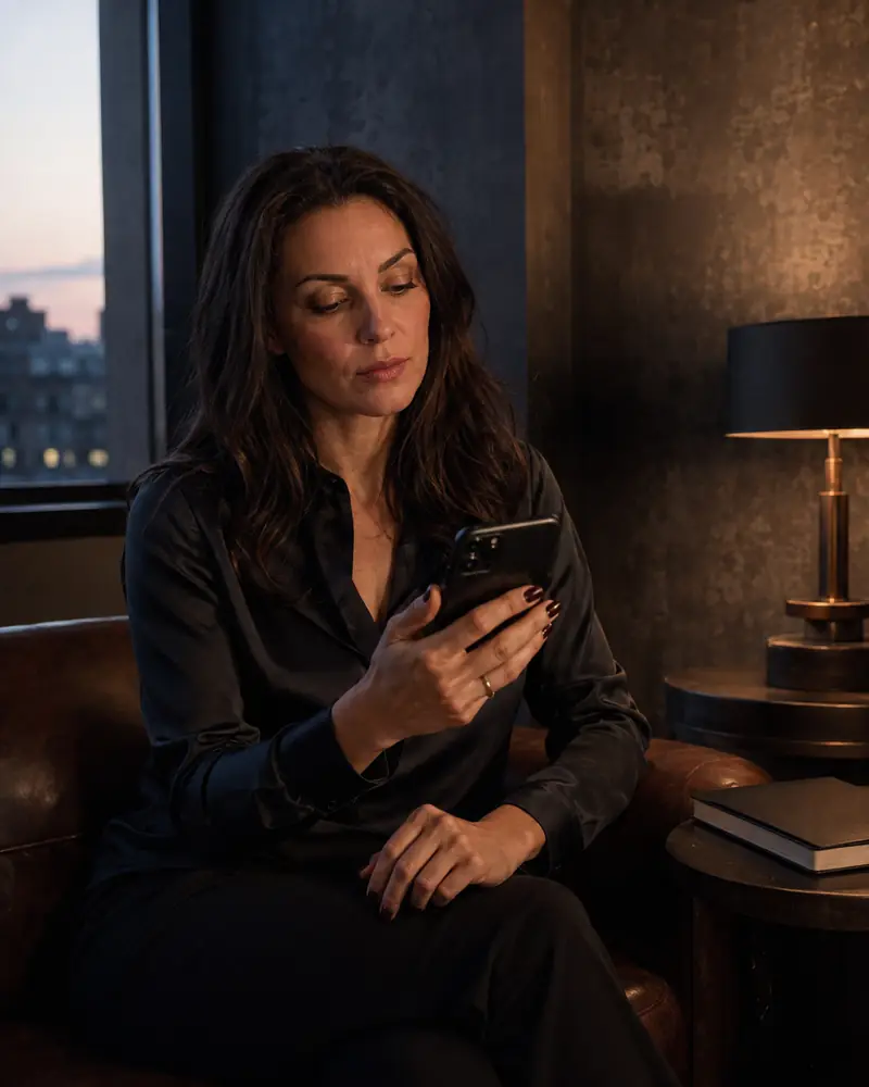 An adult domme thoughtfully reviewing a message on her phone before replying