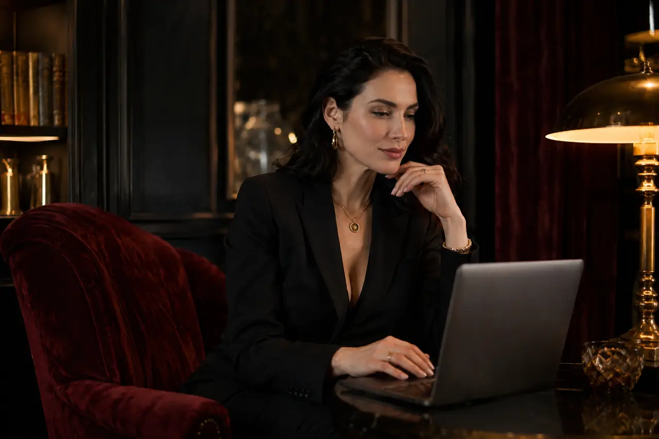 A poised adult domme having a private conversation on her laptop in an elegant dark lounge