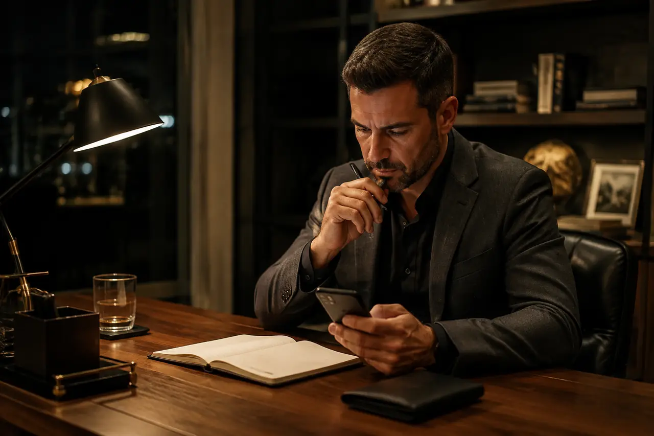 An adult paypig reviewing personal limits in a notebook before sending a private message