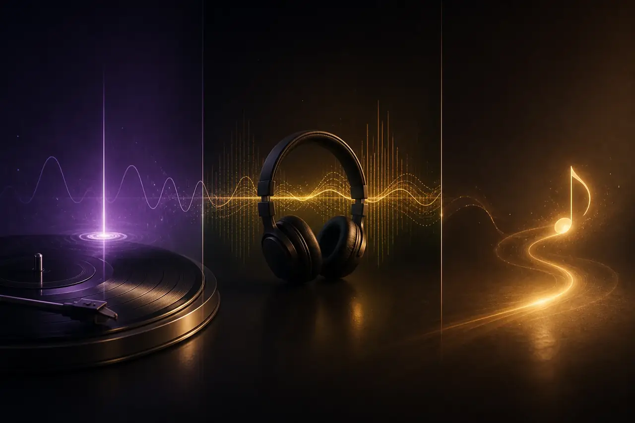 Three-part music routine illustrated with a record, headphones, waveforms, and a fading golden note
