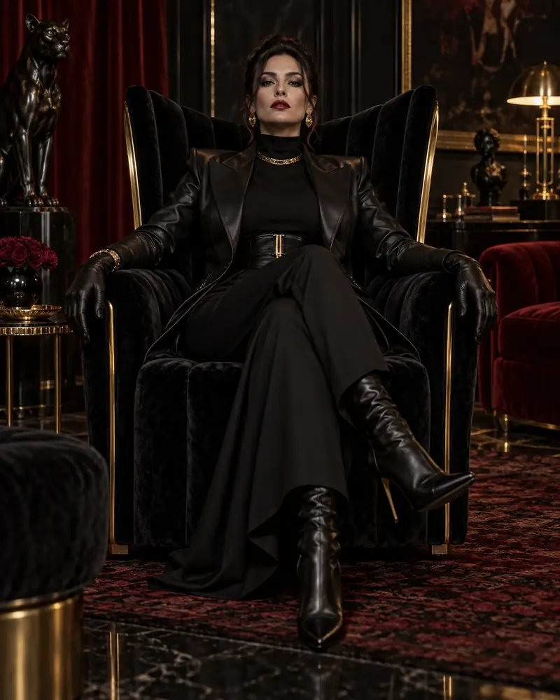 Dominatrix seated in a dramatic black and burgundy salon