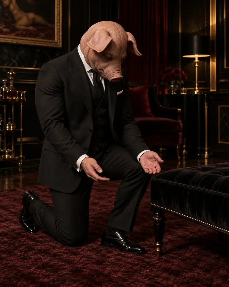 Humble pig-headed Paypig in a tailored black suit